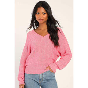 Lulus Seasonal Sweetheart Heather Pink V-neck Sweater - Size L